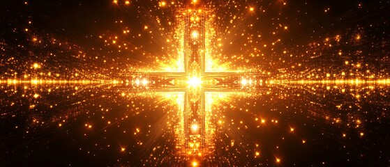 Golden cross with sparkling particles