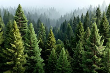 Fototapeta premium Lush evergreen forest with misty layers of fir trees in serene landscape