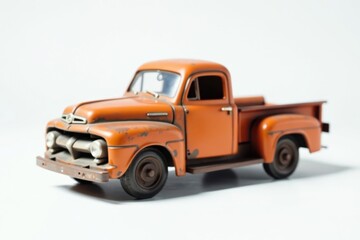 Fototapeta premium A Classic Orange Pickup Truck Model with Weathered Details, Displayed on a Plain White Background
