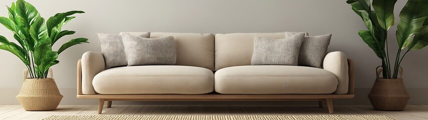 Beige couch with plants in a room