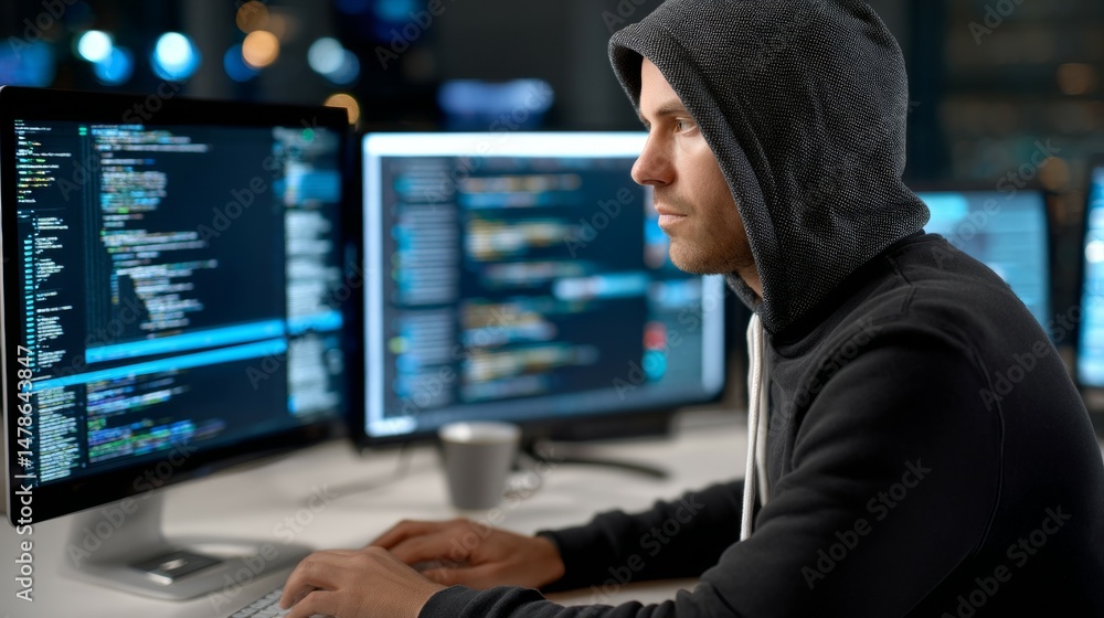 Poster focused young caucasian male programmer working at night on multiple computer screens