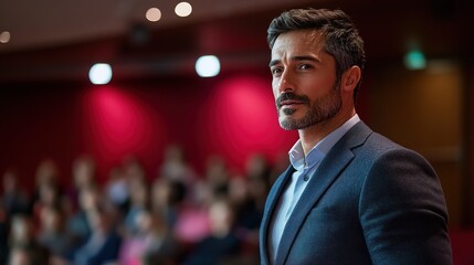 Obraz premium A charismatic business leader delivering a TED-style talk about the future of success and innovation 