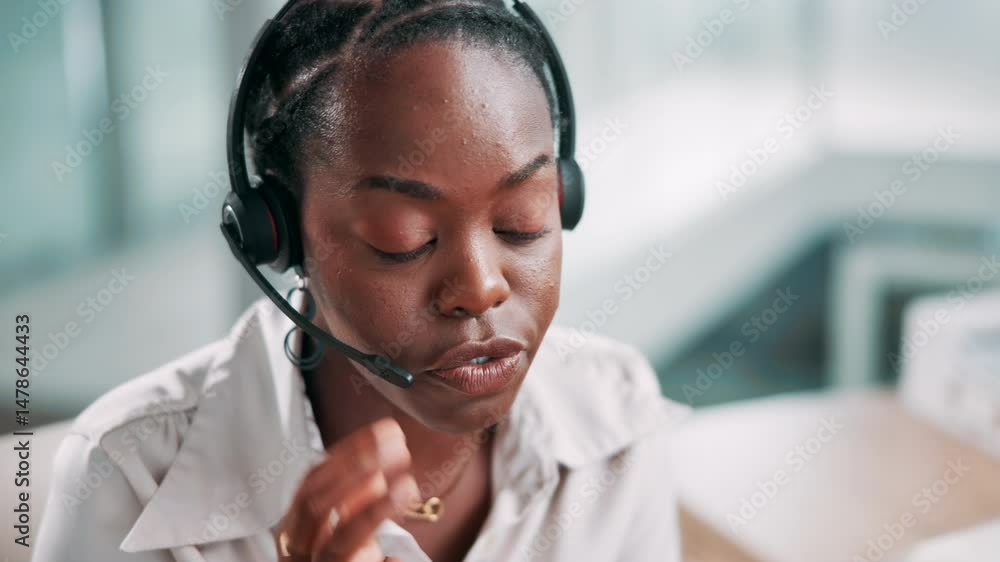 Poster call center, talking and black woman typing on computer for customer service, faq and multilingual s