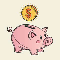 Cute Pink Piggy Bank with Gold Coin – Cartoon Vector Savings Vector Illustration