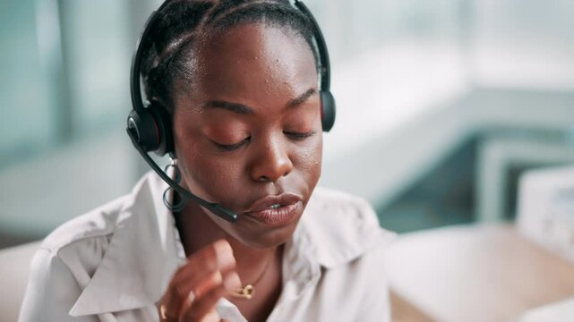Call center, talking and black woman typing on computer for customer service, faq and multilingual support agent. Consultant, speaking and assistance for help desk, crm and language translation