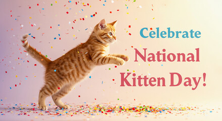 Playful Kitten Celebrating National Kitten Day with Colorful Confetti