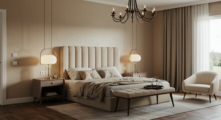 Elegant bedroom interior with neutral tones, chandelier, and bedside lamps for a cozy atmosphere