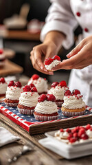 4th july celebration cupcakes with whipped cream and raspberry topping arranged on patriotic tray create festive and joyful atmosphere