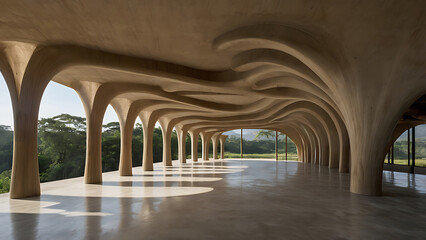 Stunning architectural design of a modern building with organic shapes and nature views