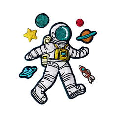 Fototapeta premium A colorful astronaut patch surrounded by planets and a rocket. It is a fun and vibrant illustration. The patch is perfect for adding a unique touch to jackets, bags, or other accessories.