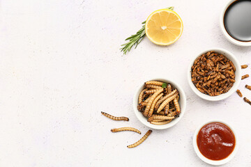 Bowls with different fried insects and sauces on white background