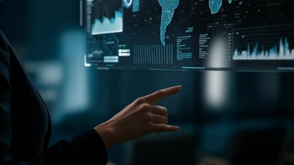 A woman interacts with a digital screen displaying complex data and global network connections - Powered by Adobe