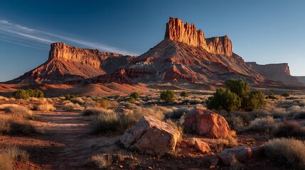 Naklejka premium Red rock formations in golden sunlight