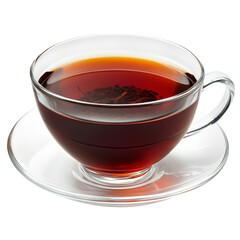 clear glass cup filled with dark tea sits on white saucer, showcasing rich color and texture of beverage. image evokes sense of warmth and comfort