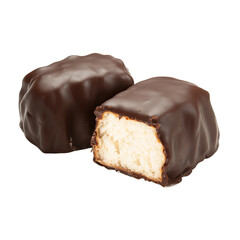 Two chocolate-covered marshmallow treats, one bitten into, ready to be enjoyed. A close-up shot reveals the creamy interior