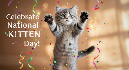 Playful Kitten Celebrating National Kitten Day with Colorful Confetti