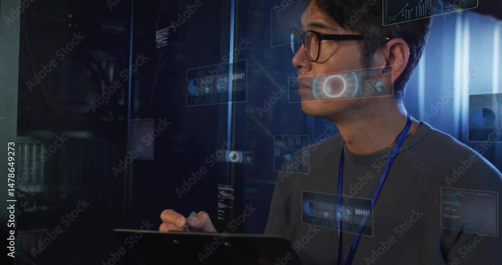 Poster it technician examining tablet in server room, with animated data charts and scanning hud