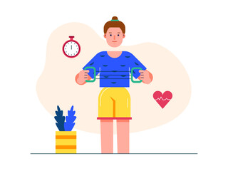 Man starting exercise at home, pulling stretch rope to build muscle. Healthy life illustration. Flat vector illustration concept.	