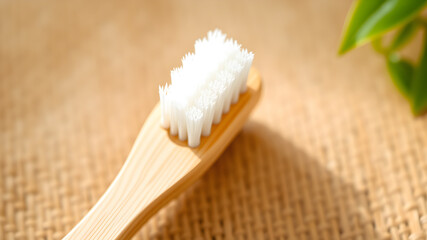 Close up shot of a natural bamboo toothbrush with white bristles and green leaf
