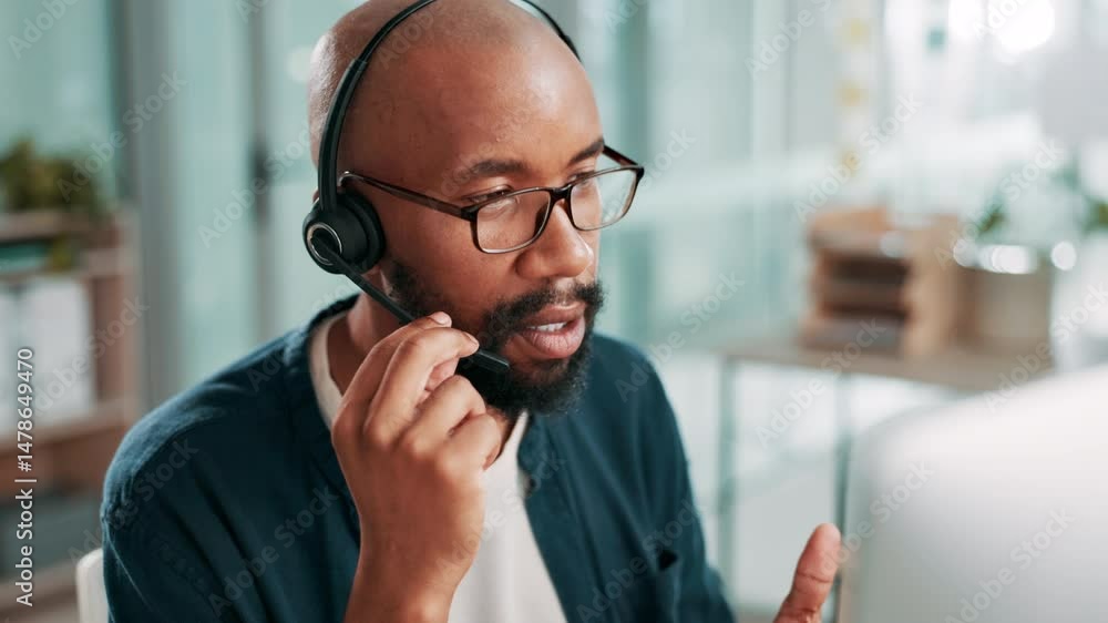 Aufkleber computer, explain and support with black man in call center for assistance or feedback. contact us, 
