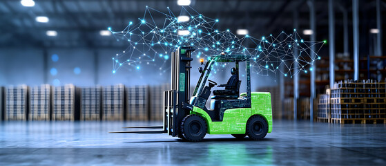 Modern Green Forklift In Automated Warehouse With Digital Network