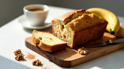 Golden-brown banana bread loaf, freshly sliced, served on a rustic wooden board, accompanied by a cup of coffee and sprinkled walnuts, bathed in warm sunlight