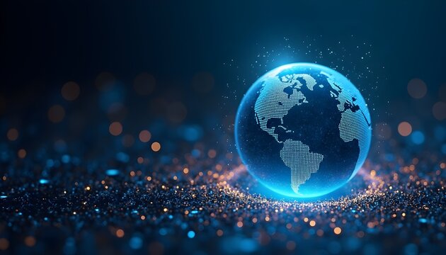 A glowing blue globe with a world map on it, set against a dark background with sparkling particles