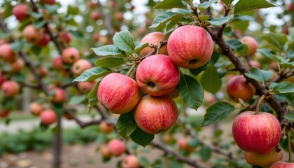 Obraz premium Ripe Red Apples Hanging on a Branch in an Orchard A Beautiful Autumn Harvest Scene