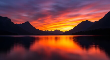 Fiery Sunset Landscape: Mountains Mirrored in Calm Lake