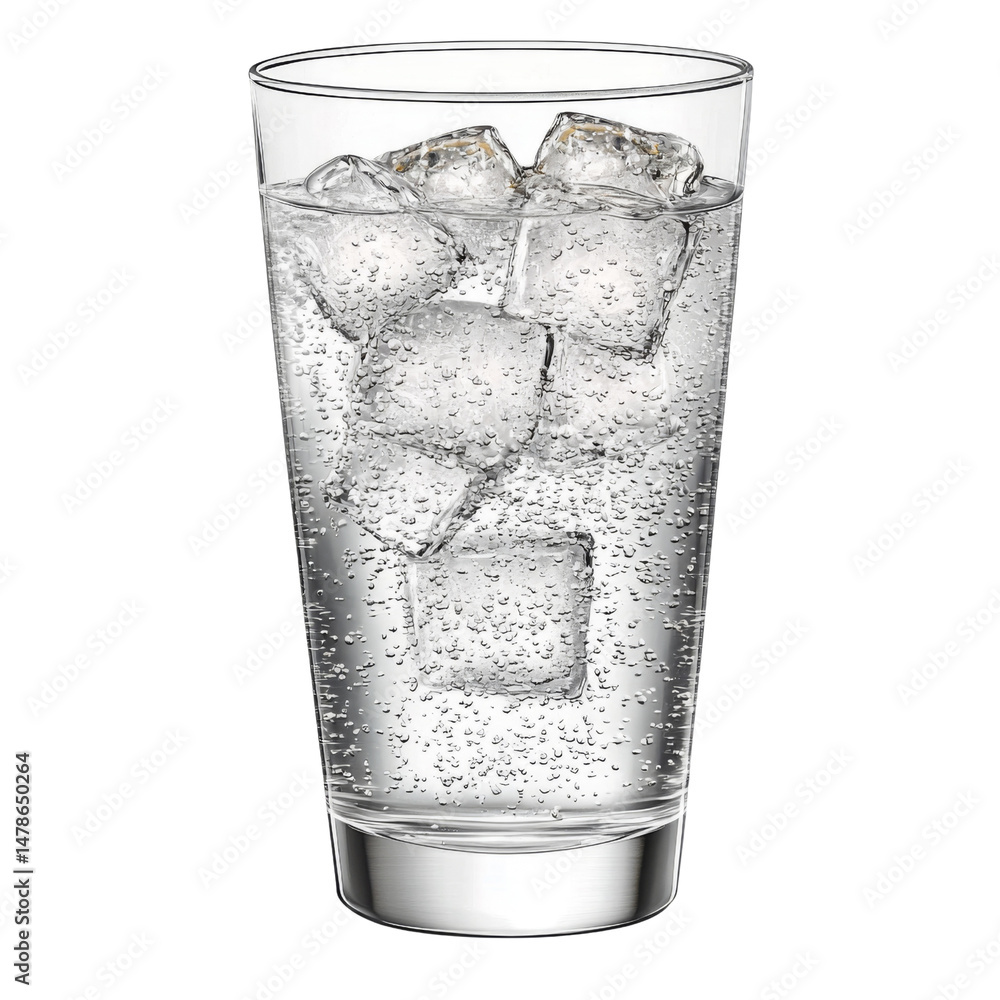 Poster refreshing glass of sparkling water filled with ice cubes, showcasing bubbles and condensation. perf
