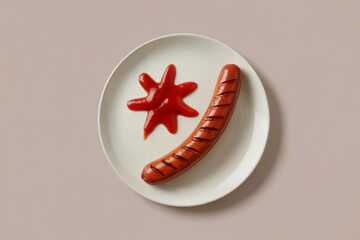 Grilled Hotdog with Ketchup on a Plate Simple Food Still Life