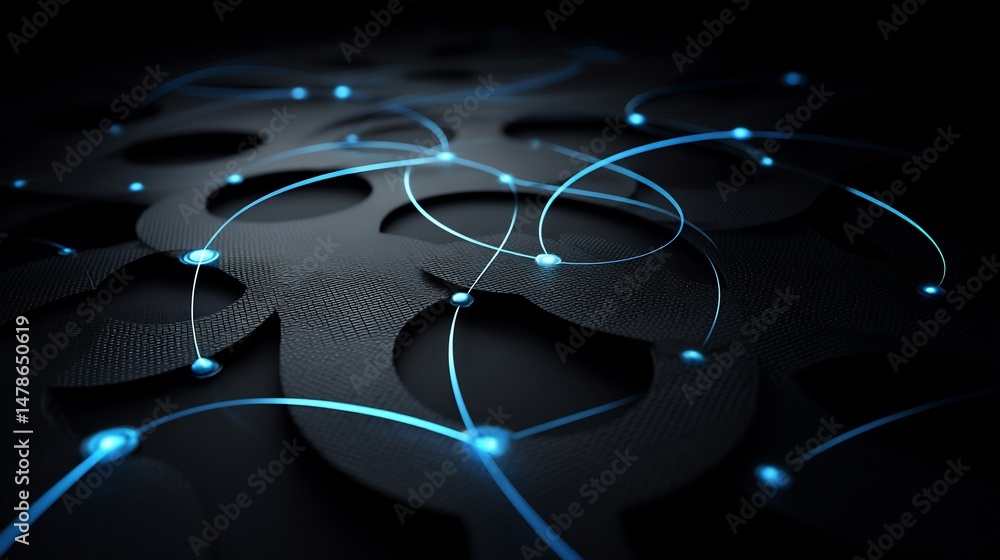 Poster networked connectivity concept: light trails connecting points over dark textured surface