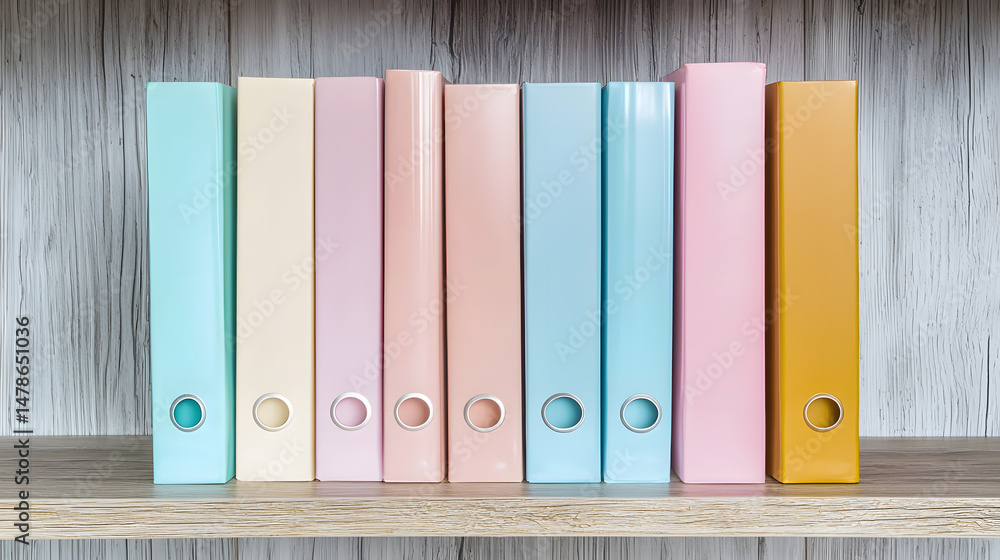 Poster arranging pastel-foldered files shelf document organization overcast environment close-up view soft 