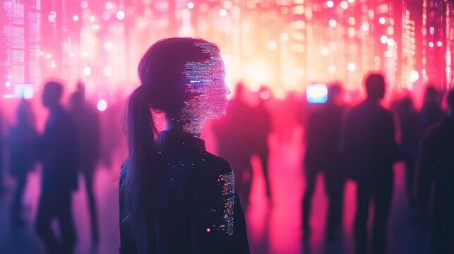 A business networking event where holographic name tags connect professionals based on interests