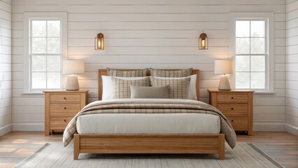 A cozy, modern bedroom with wooden furniture, neutral tones, large windows, and stylish lighting creating a warm, inviting atmosphere.