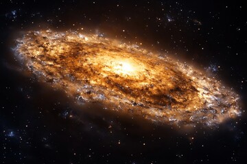 Fototapeta premium A stunning view of a spiral galaxy with bright orange and yellow hues, set against a backdrop of dark space speckled with distant stars.