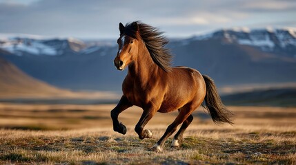 Running horse in scenic mountain landscape