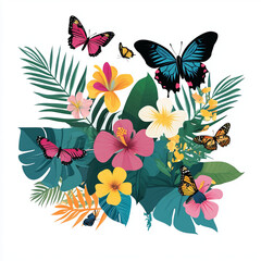 A vibrant bloom of tropical flowers in full summer color, with butterflies fluttering