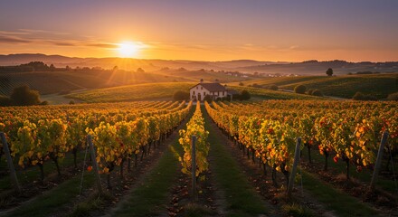 Vineyard Rows at Sunrise Golden Light on Grapevines