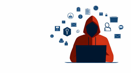 Scam Alert Warning with Cybersecurity Icons. A person using laptop, warning sign for scams with icons representing online threats, phishing, and cybersecurity. Unknown person, suspicious scammer
