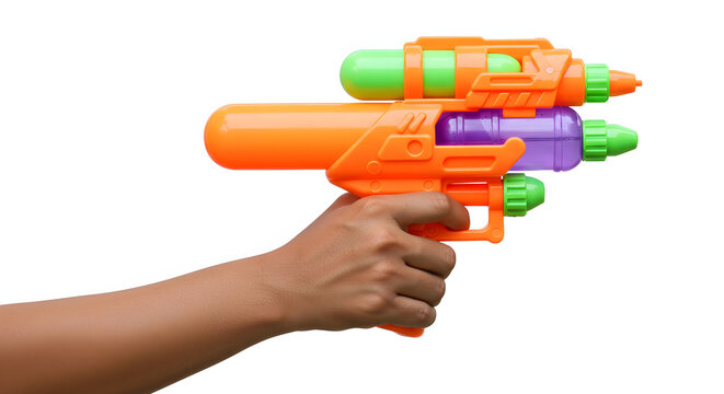 A bright, orange toy water blaster sits on a pale brown hand, with its clear purple water tank and green and yellow bits visible