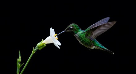 Fototapeta premium Hummingbird Feeding on White Flower in Flight on Black Background