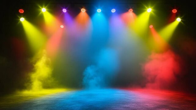Colorful stage lights illuminating a performance area with vibrant smoke effects