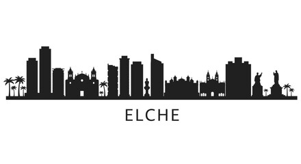 Naklejka premium Elche Skyline Silhouette with Spain, and Cityscape.