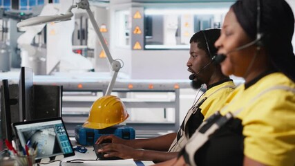 Solar energy female expert providing remote support in solar panel plant, working in customer support call center. Technician sales representative offers maintenance, high tech factory. Camera A.