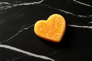 Obraz premium Heart-shaped, orange-yellow candy on black marble