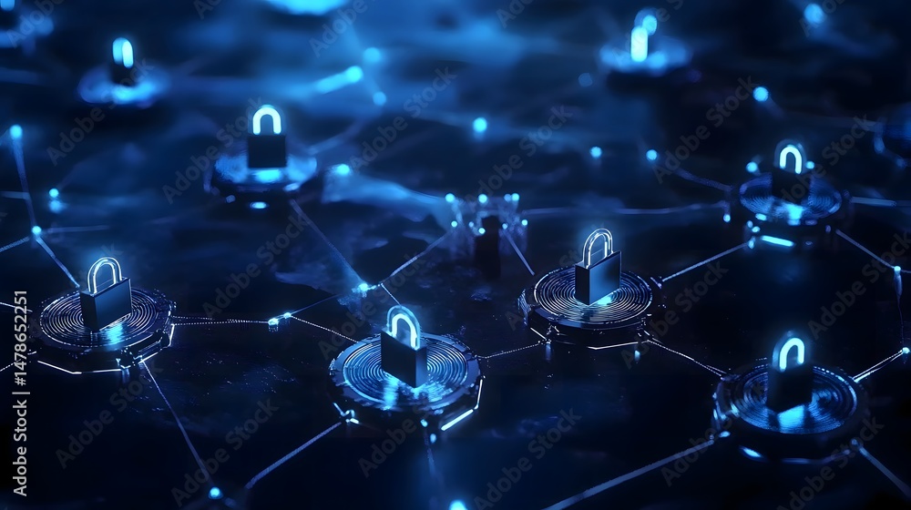 Aufkleber blockchain security concept featuring padlocks connected in a network for data protection