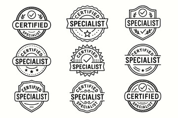 Obraz premium Certified specialist badge set. Hand drawn professional quality vector labels collection
