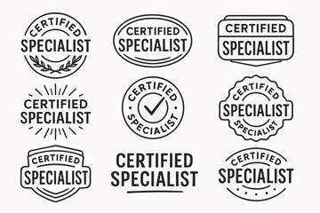 Certified specialist badge set. Hand drawn professional quality vector labels collection