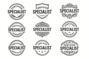 Certified specialist badge set. Hand drawn professional quality vector labels collection